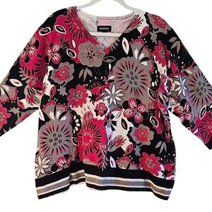 Avenue, hot pink, black & tan, big floral print 100 % cotton sweater. Size 22/24